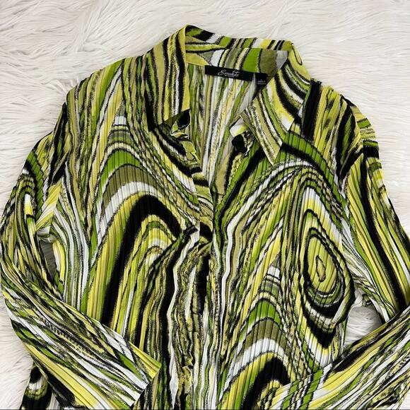 Vintage Essentials by Milano Green and Black Swirl Crinkle Button Down Shirt - Picture 5 of 11